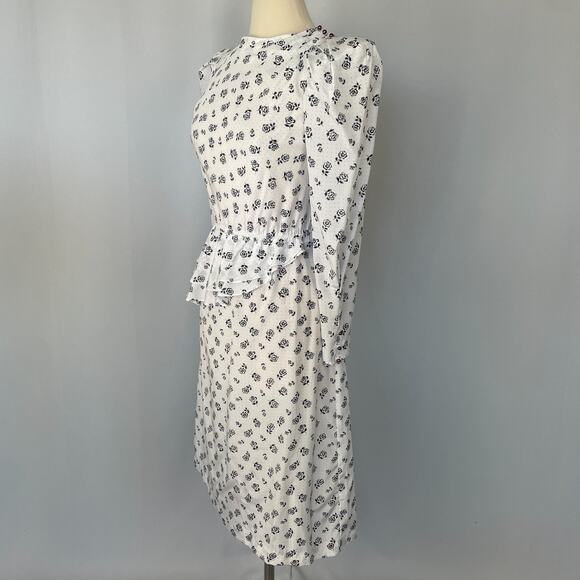 Vintage Midi Dress Size 10 White Black Ditsy Floral Puff Sleeve Peplum Retro 80s - Picture 8 of 16